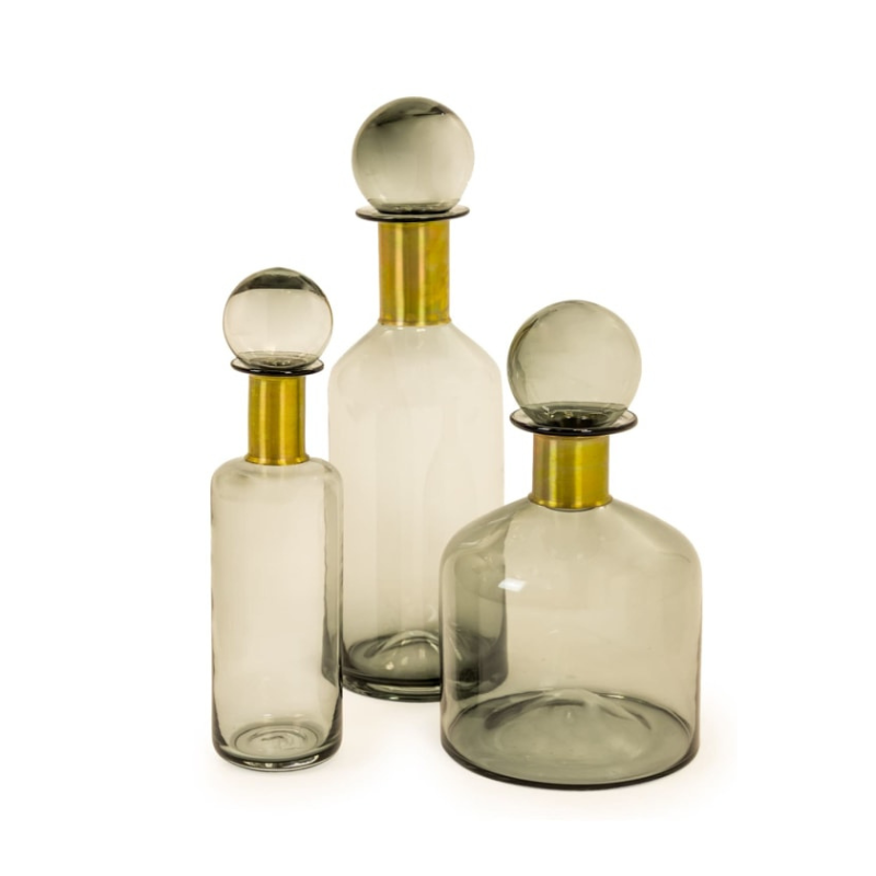 Tall Smoke Grey Glass Apothecary Bottle with Brass Neck