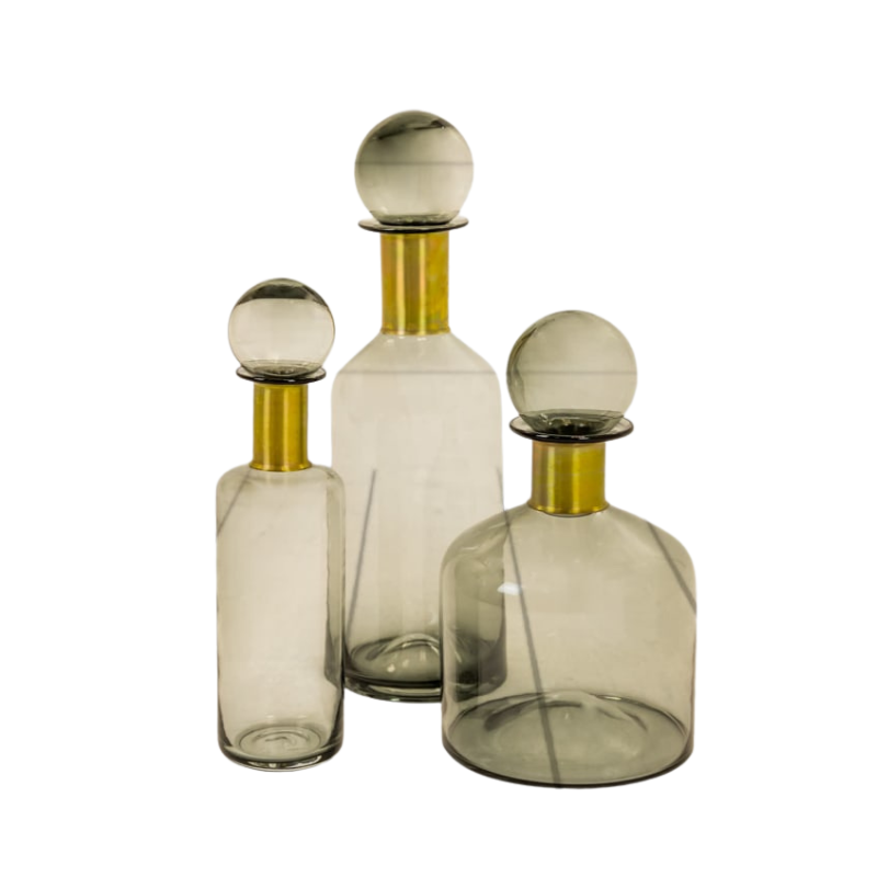 Tall Smoke Grey Glass Apothecary Bottle with Brass Neck