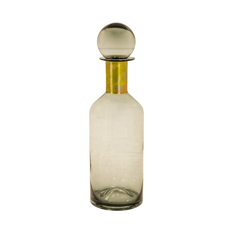 Tall Smoke Grey Glass Apothecary Bottle with Brass Neck
