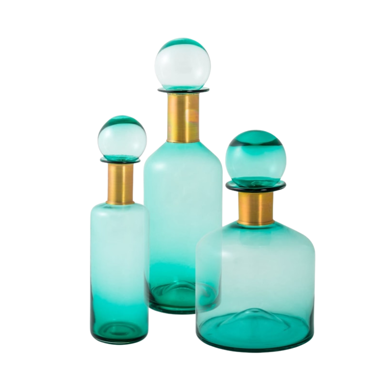 Tall Teal Glass Apothecary Bottle with Brass Neck