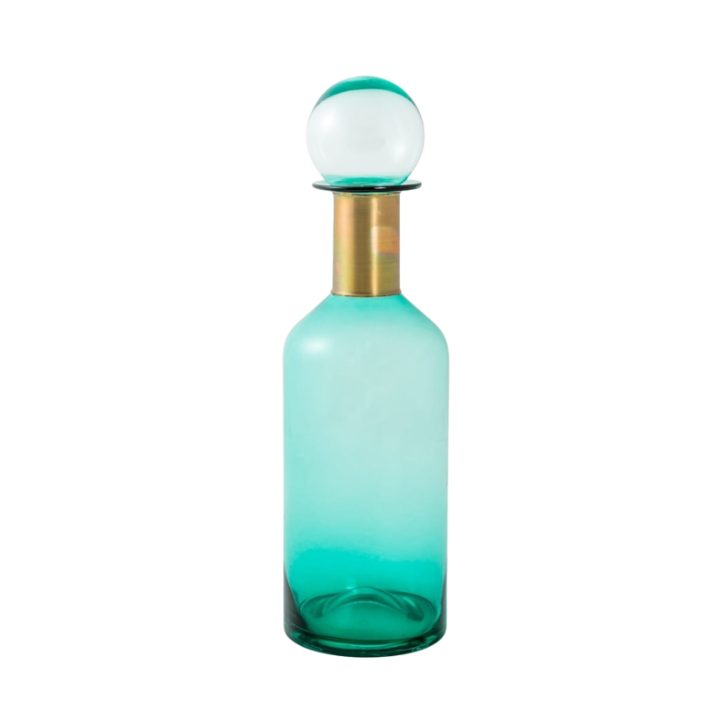Tall Teal Glass Apothecary Bottle with Brass Neck