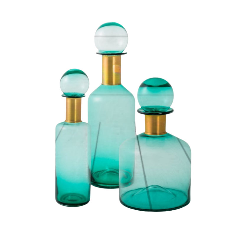 Tall Teal Glass Apothecary Bottle with Brass Neck