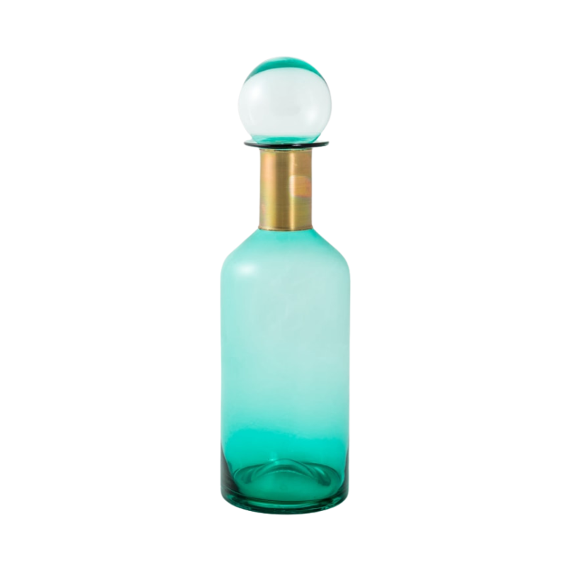 Tall Teal Glass Apothecary Bottle with Brass Neck