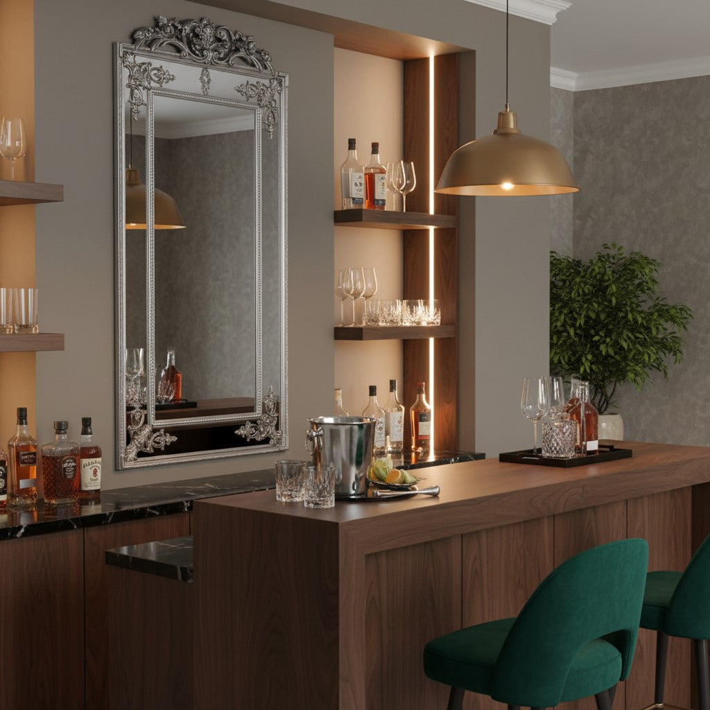 Tall Silver French Mirror with Crest