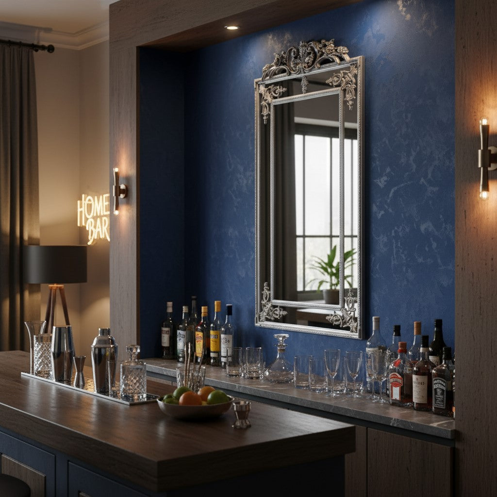 Tall Silver French Mirror with Crest