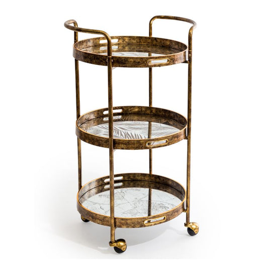 Three-Tier Antique Gold Drinks Trolley with Patterned Glass Trays
