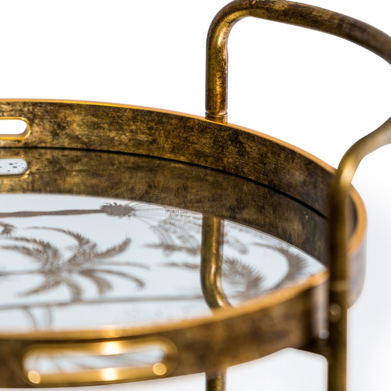 Three-Tier Antique Gold Drinks Trolley with Patterned Glass Trays