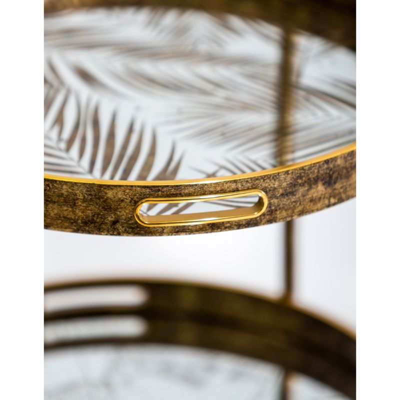 Three-Tier Antique Gold Drinks Trolley with Patterned Glass Trays