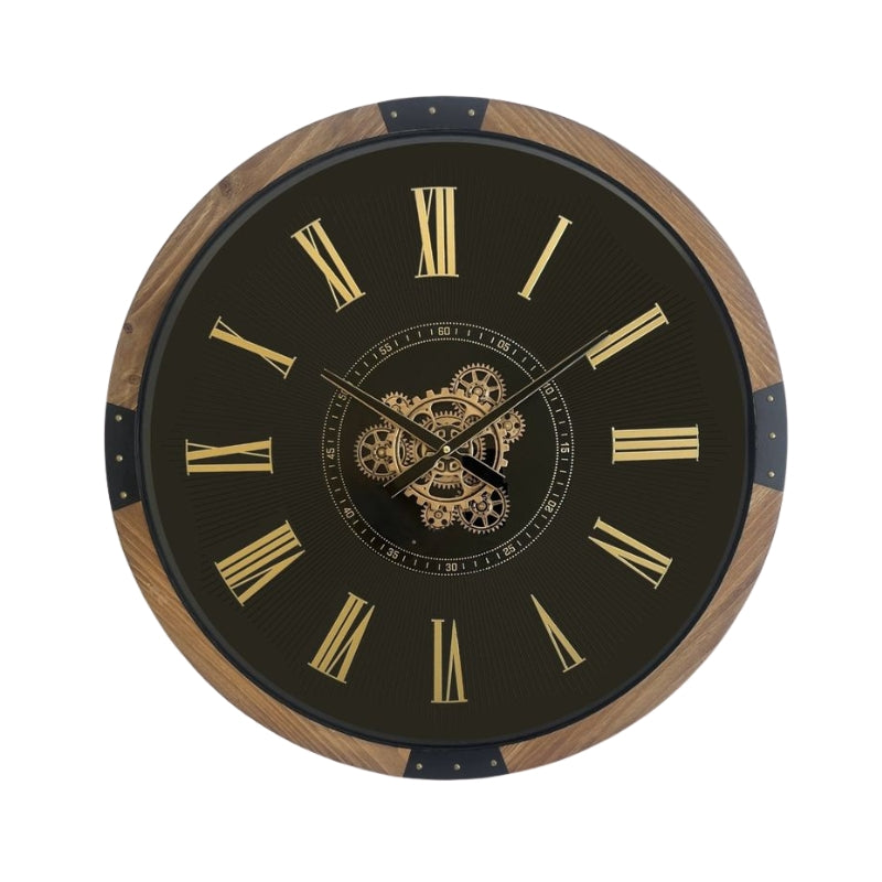Walnut & Black Exposed Gear Wall Clock – 64cm