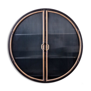 Black and Antique Gold "Orwell" Large Round Metal Wall Cabinet