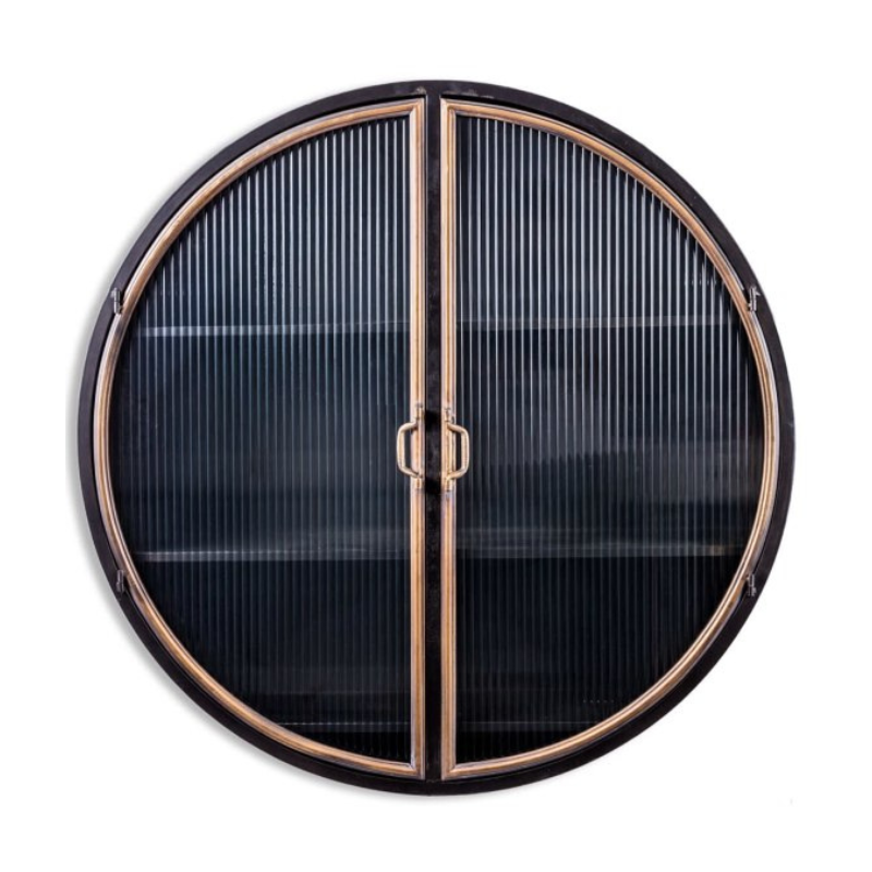 Black and Antique Gold "Orwell" Large Round Metal Wall Cabinet