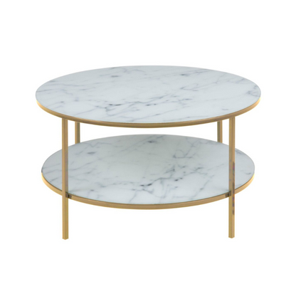 Alisma Round Coffee Table with White Crystal Clear Marble Glass Top & Gold Legs