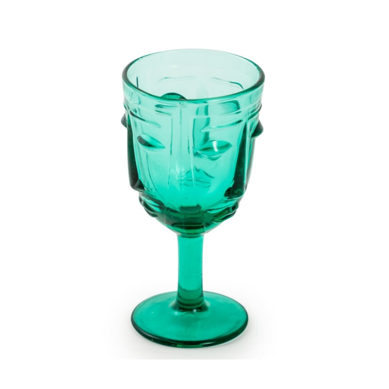 Set of 6 Teal Deco Face Wine Glasses