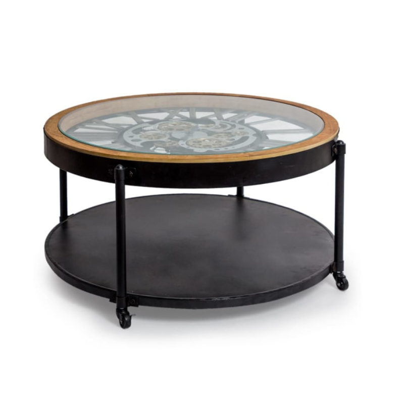 Industrial Wood and Iron Moving Gears Clock Coffee Table