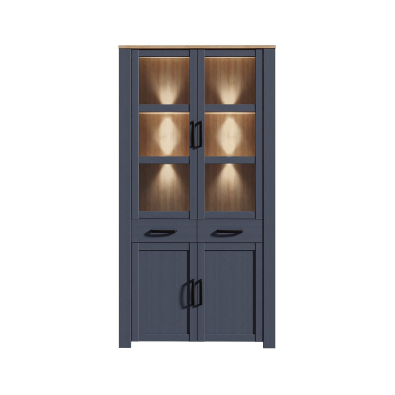 Bohol Display Cabinet 4 Door 2 Drawer in Oak/Navy with Optional LED Lighting