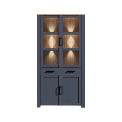 Bohol Display Cabinet 4 Door 2 Drawer in Oak/Navy with Optional LED Lighting