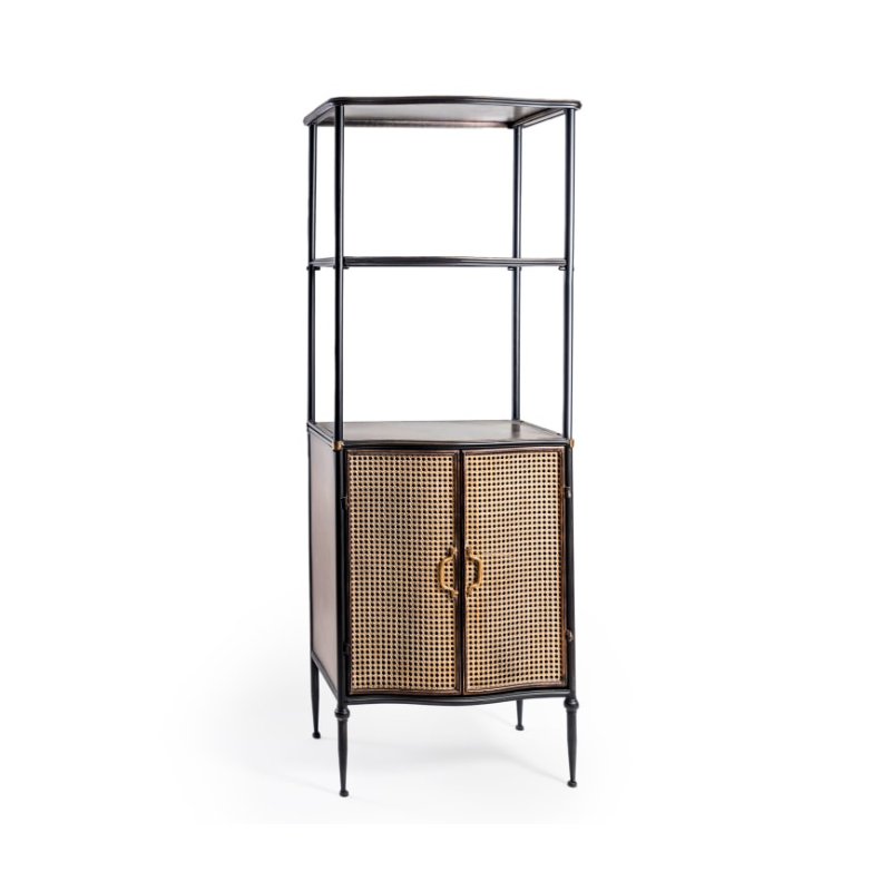 Antiqued Black Tall Cupboard Shelf Unit with Metal Rattan Doors