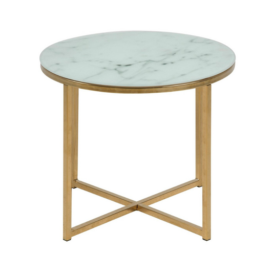 Alisma Round Side Table with White Crystal Clear Marble Glass Top & Gold Legs