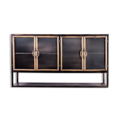Black and Antique Gold "Orwell" Wide Metal Wall Cabinet with Shelf