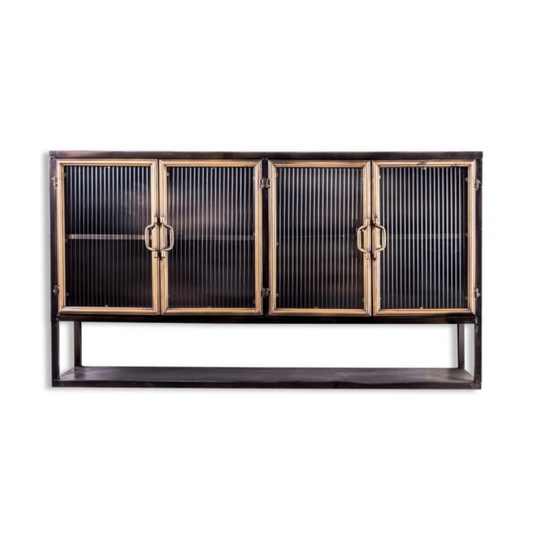 Black and Antique Gold "Orwell" Wide Metal Wall Cabinet with Shelf