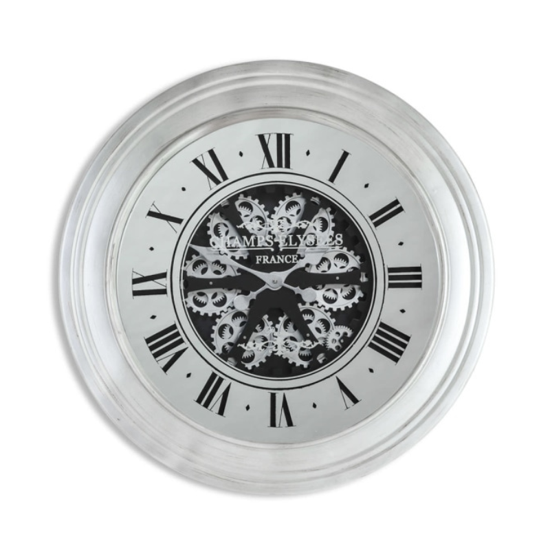 Silver Mirrored Face Antique Style Moving Gears Clock