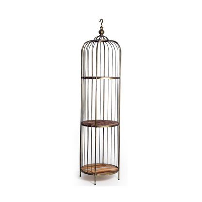 Antique Gold Bird Cage Style Storage Unit with Reclaimed Wood Shelves