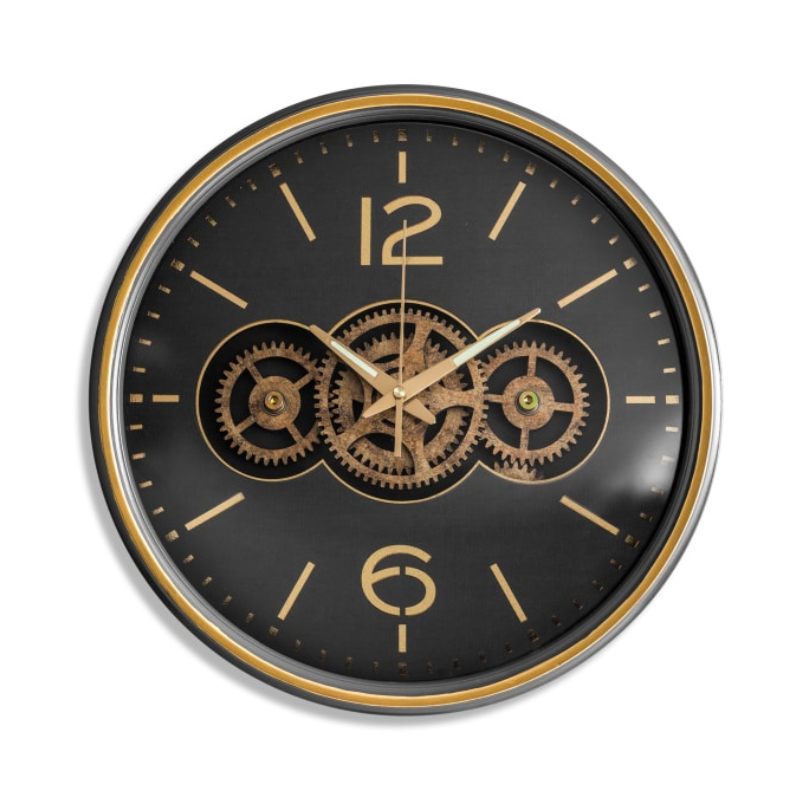 Black with Gold Numerals Moving Gears Clock