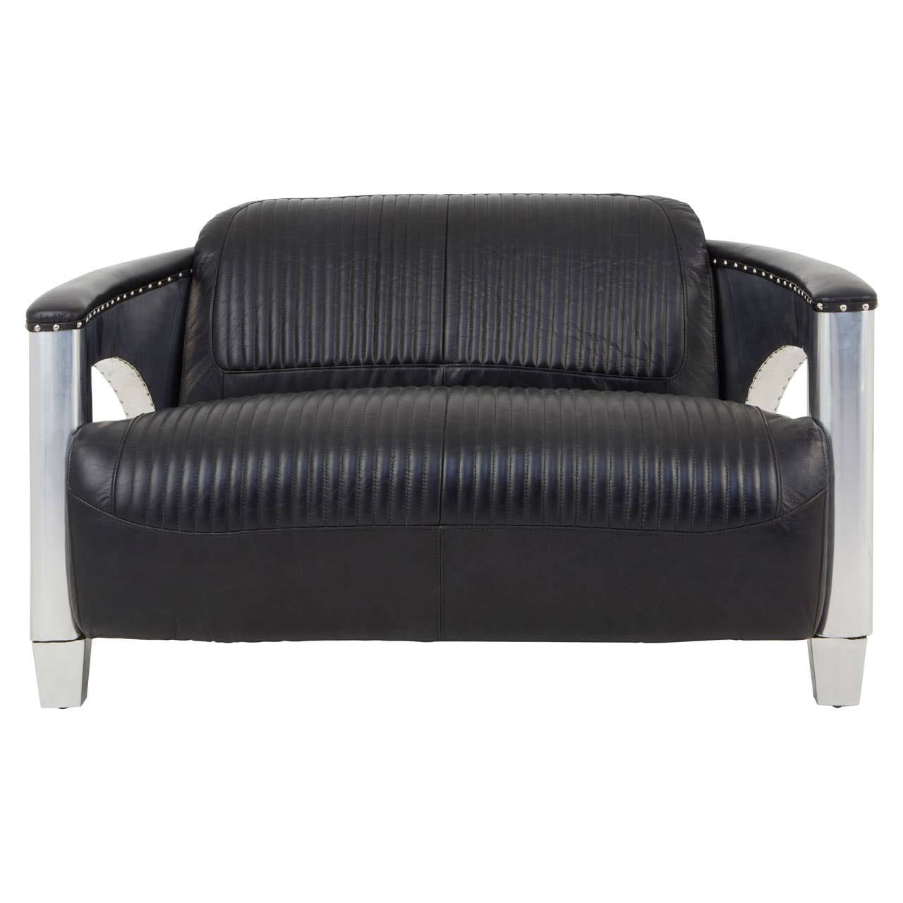 Victor Two-Seat Sofa – Black Leather & Polished Aluminium