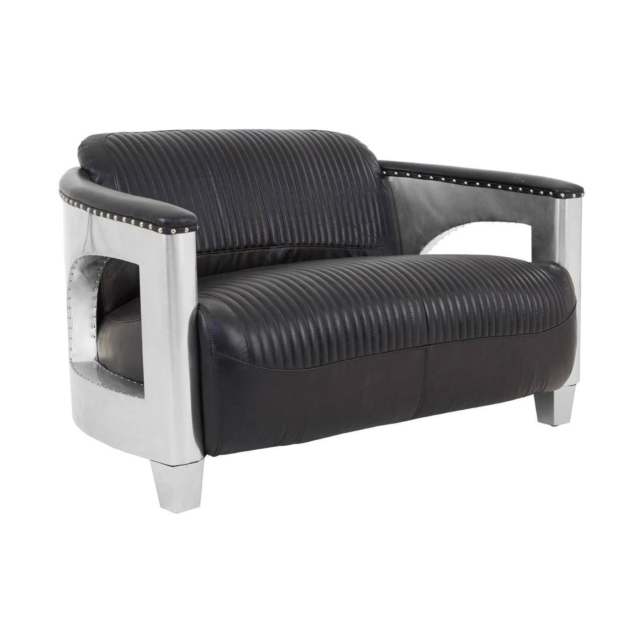 Victor Two-Seat Sofa – Black Leather & Polished Aluminium
