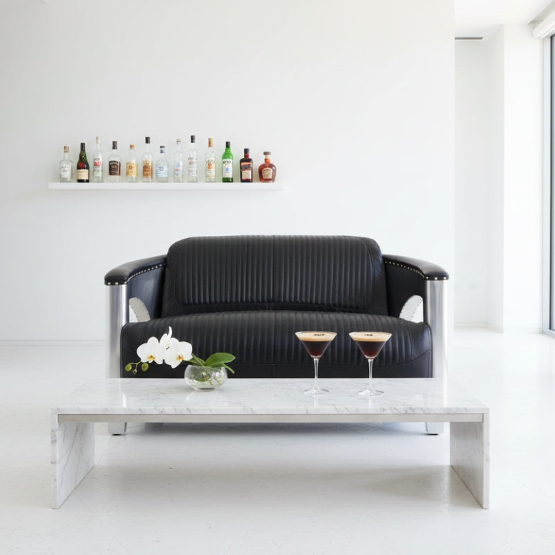Victor Two-Seat Sofa – Black Leather & Polished Aluminium