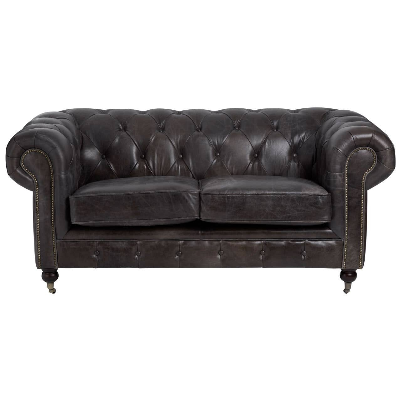 Victor Two-Seat Chesterfield Sofa – Grey-Brown Leather & Walnut