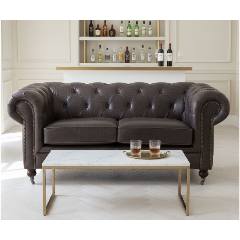 Victor Two-Seat Chesterfield Sofa – Grey-Brown Leather & Walnut