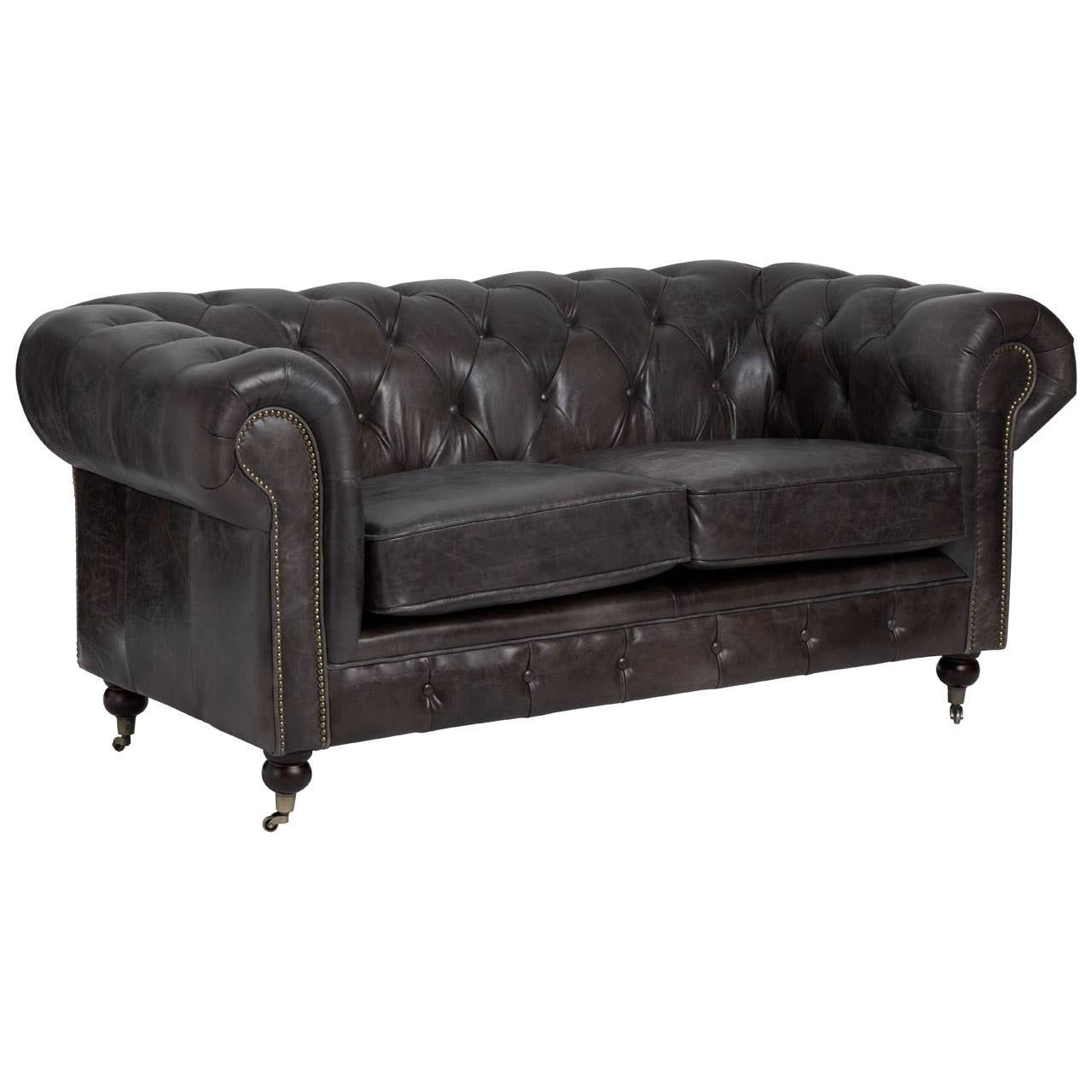 Victor Two-Seat Chesterfield Sofa – Grey-Brown Leather & Walnut