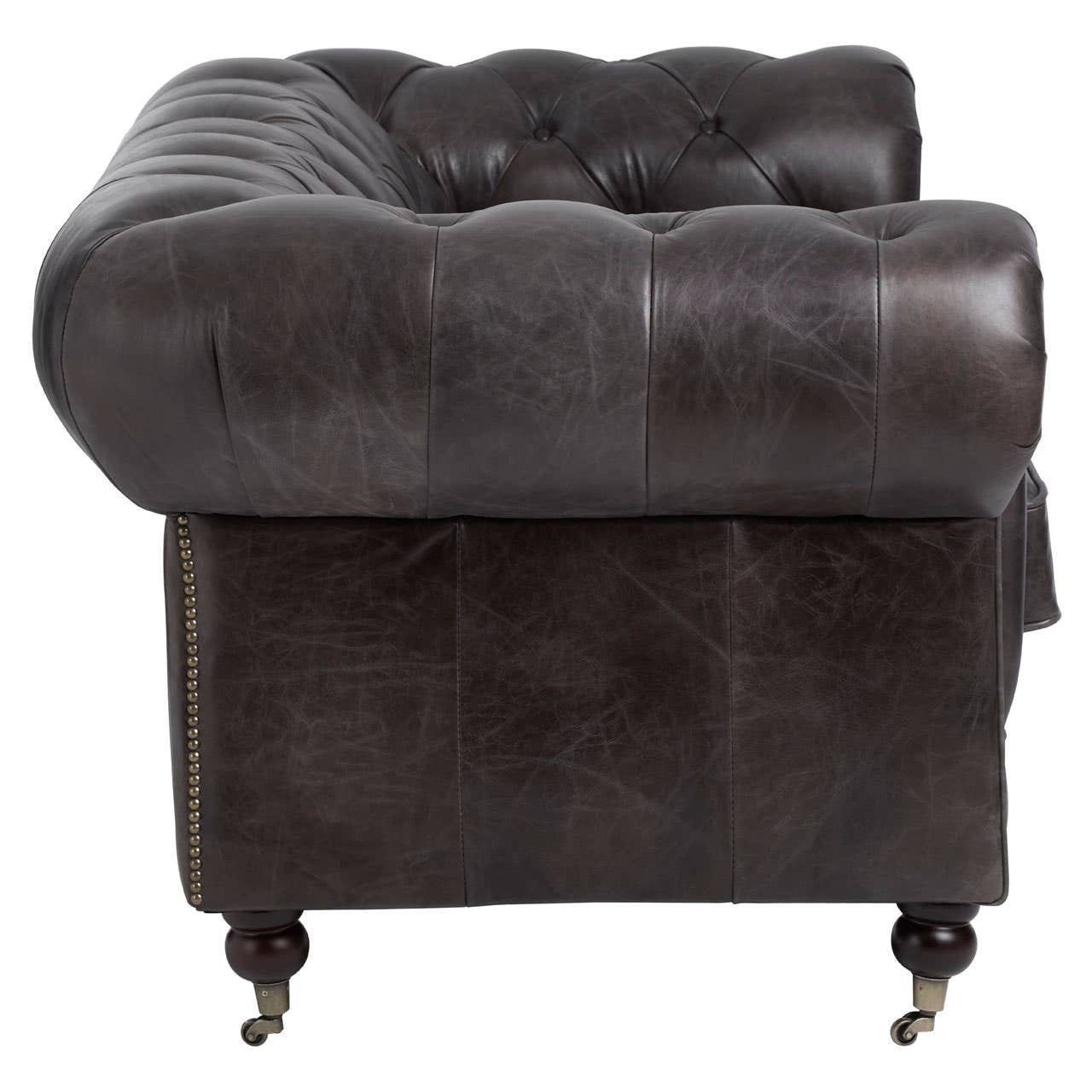 Victor Two-Seat Chesterfield Sofa – Grey-Brown Leather & Walnut