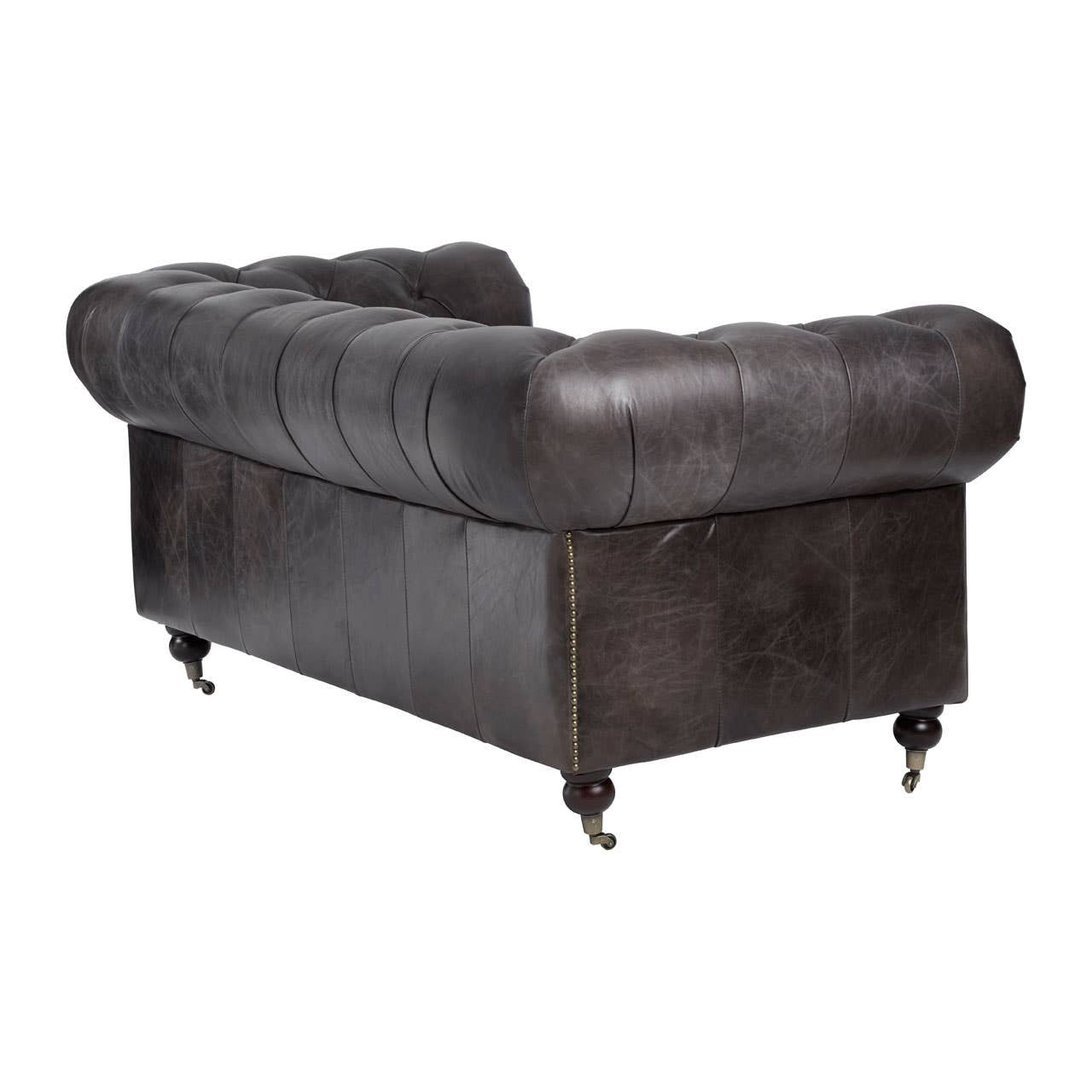 Victor Two-Seat Chesterfield Sofa – Grey-Brown Leather & Walnut