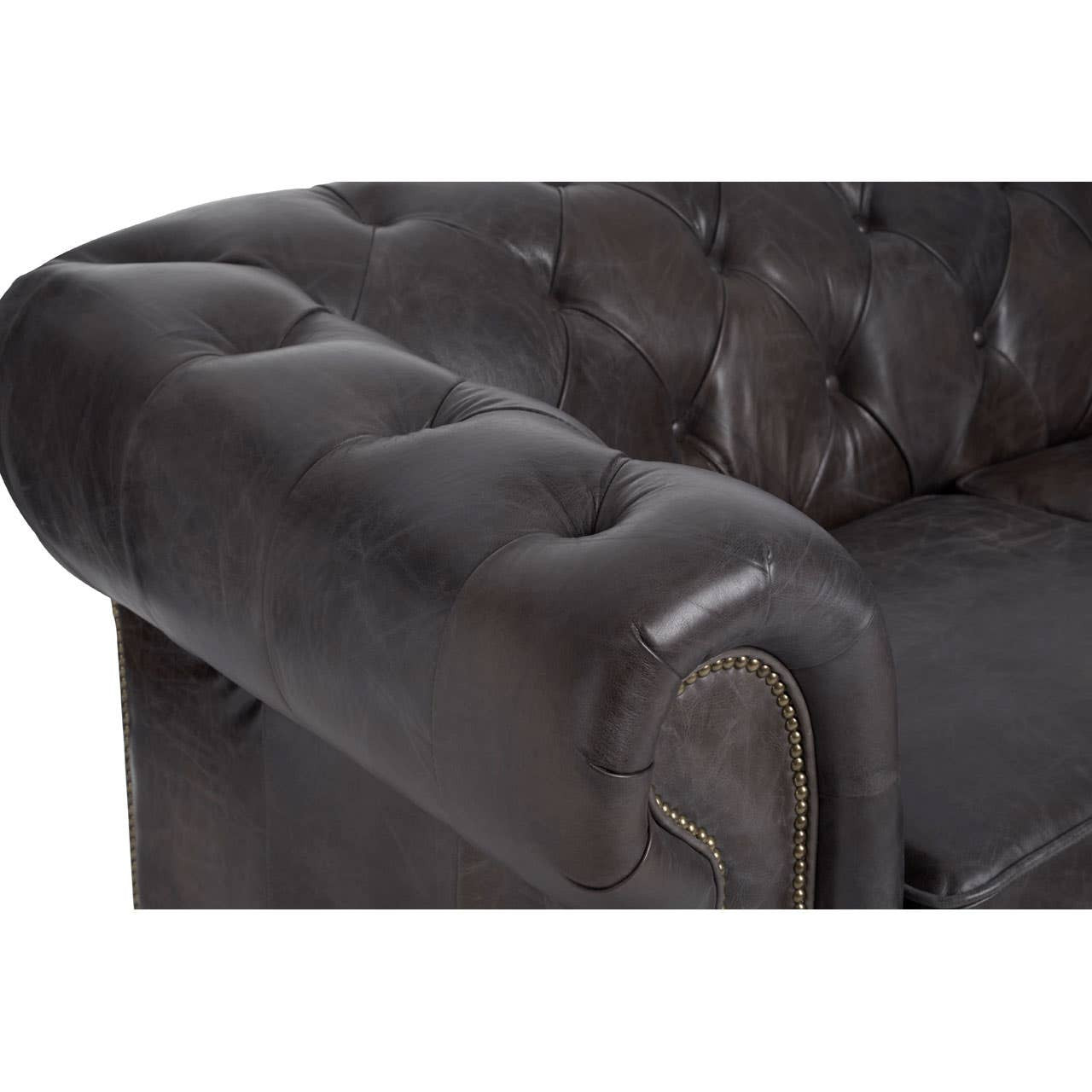 Victor Two-Seat Chesterfield Sofa – Grey-Brown Leather & Walnut
