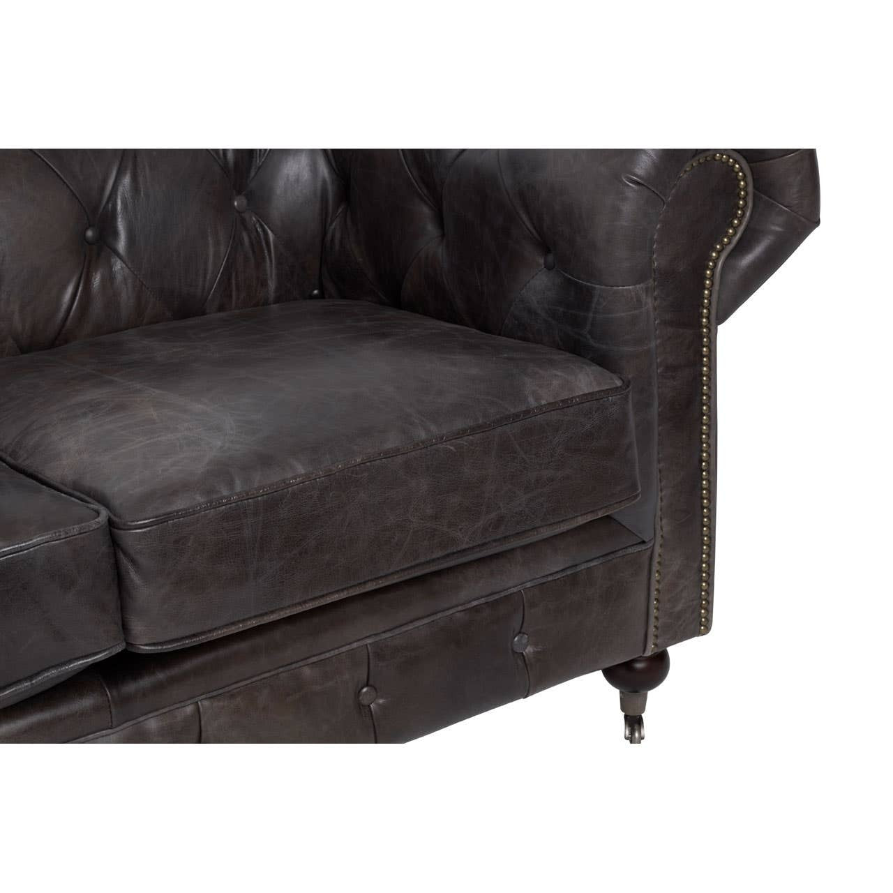 Victor Two-Seat Chesterfield Sofa – Grey-Brown Leather & Walnut