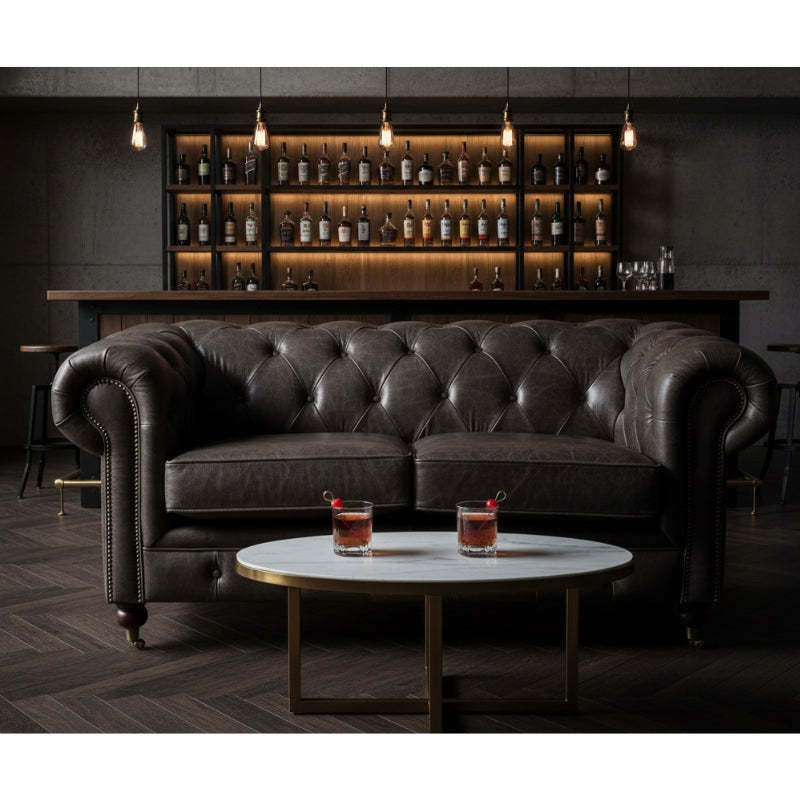 Victor Two-Seat Chesterfield Sofa – Grey-Brown Leather & Walnut