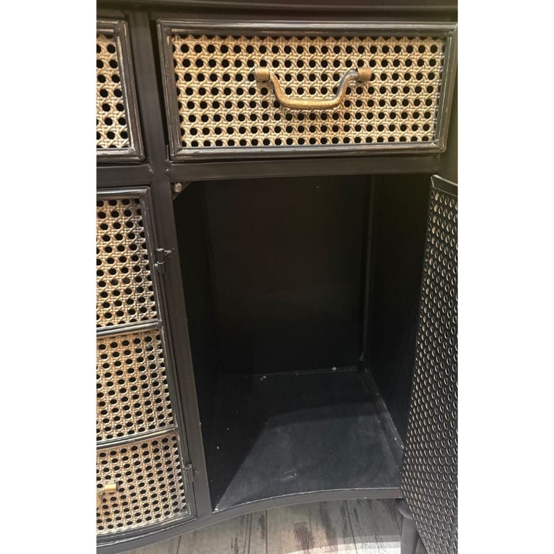 Antiqued Black Side Cabinet with Metal Rattan Cupboards