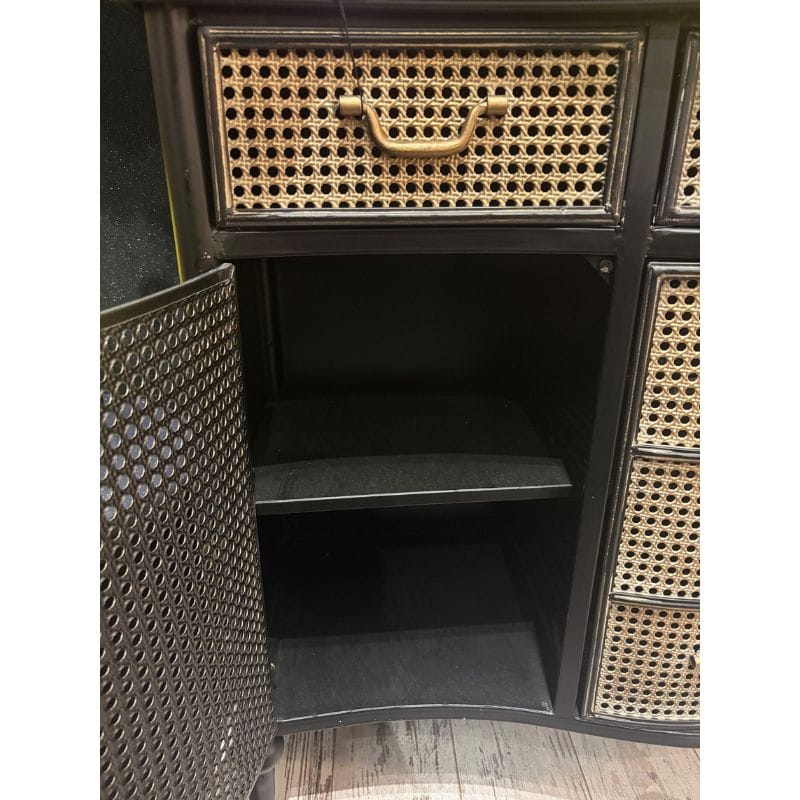 Antiqued Black Side Cabinet with Metal Rattan Cupboards