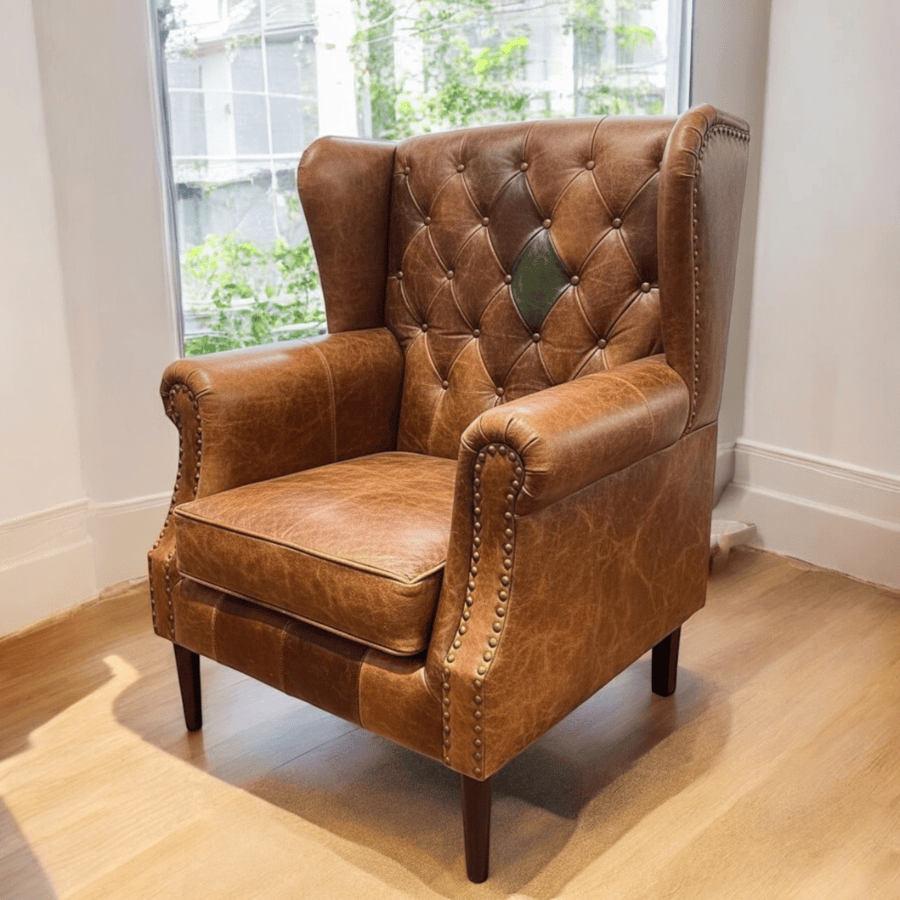 Armchair Harlequin Brown Leather Wing Back Armchair