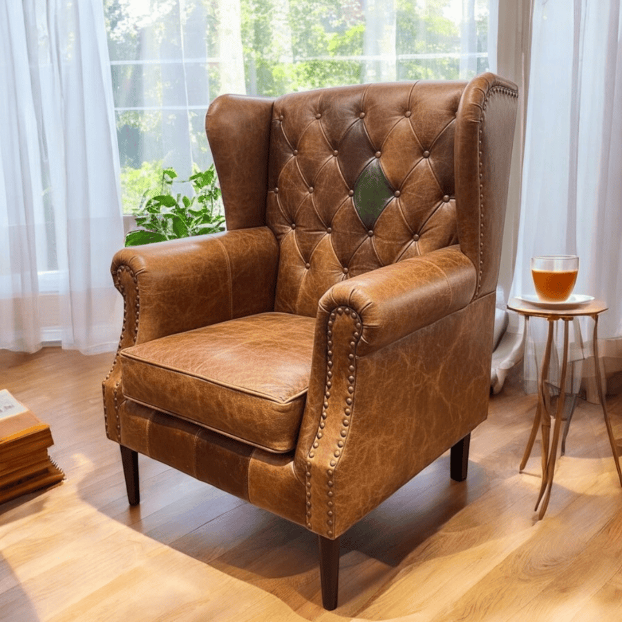 Armchair Harlequin Brown Leather Wing Back Armchair