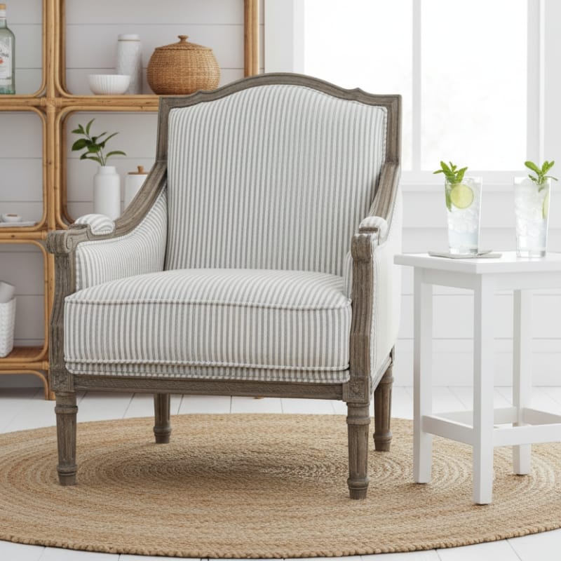 Armchair Pearson-Style Blue & White Pinstripe Occasional Wooden Armchair