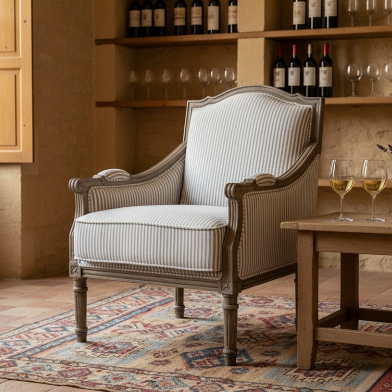 Armchair Pearson-Style Blue & White Pinstripe Occasional Wooden Armchair