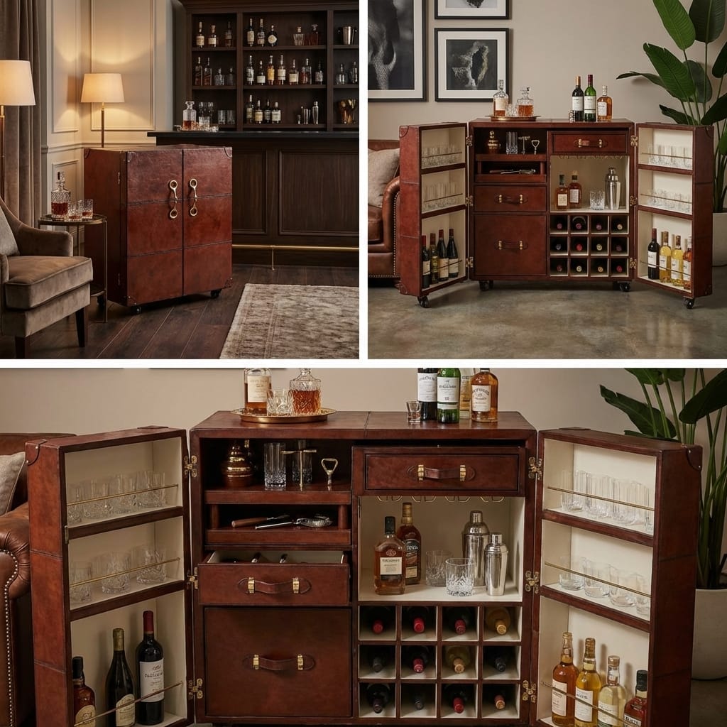 Bar Cabinet Explorer Handcrafted Cognac Leather Bar Cabinet