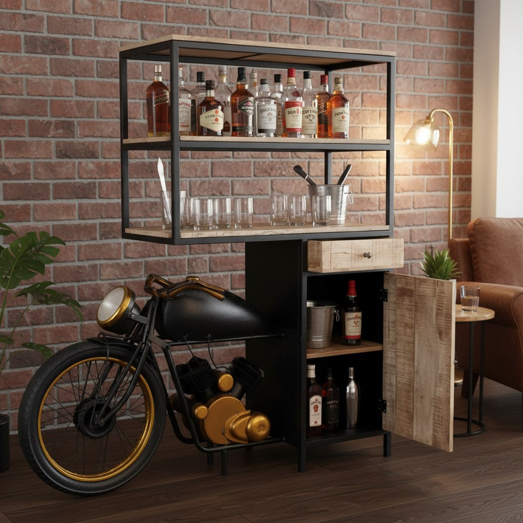 Bar Cabinet Iron Rider Industrial Motorcycle Bar Cabinet & Display Unit