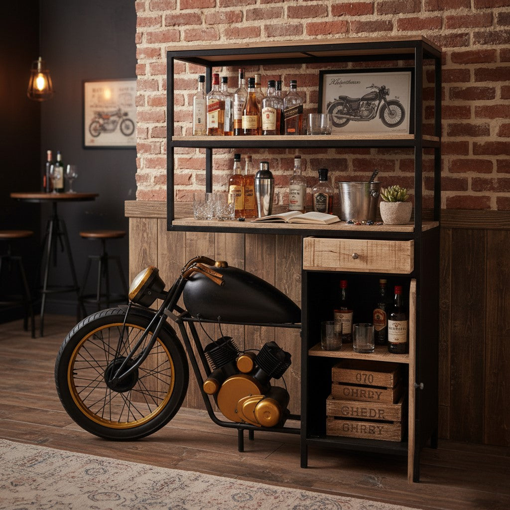 Bar Cabinet Iron Rider Industrial Motorcycle Bar Cabinet & Display Unit