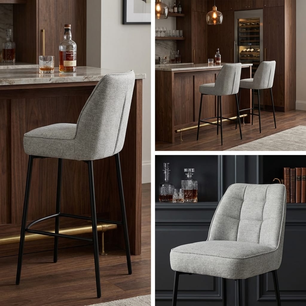 Bar Stools Enya Light Grey Chenille & Black Metal Quilted Back Bar Stool