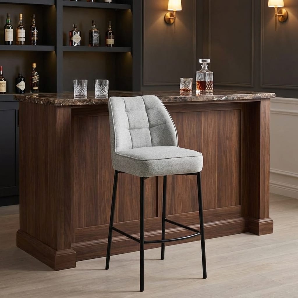 Bar Stools Enya Light Grey Chenille & Black Metal Quilted Back Bar Stool