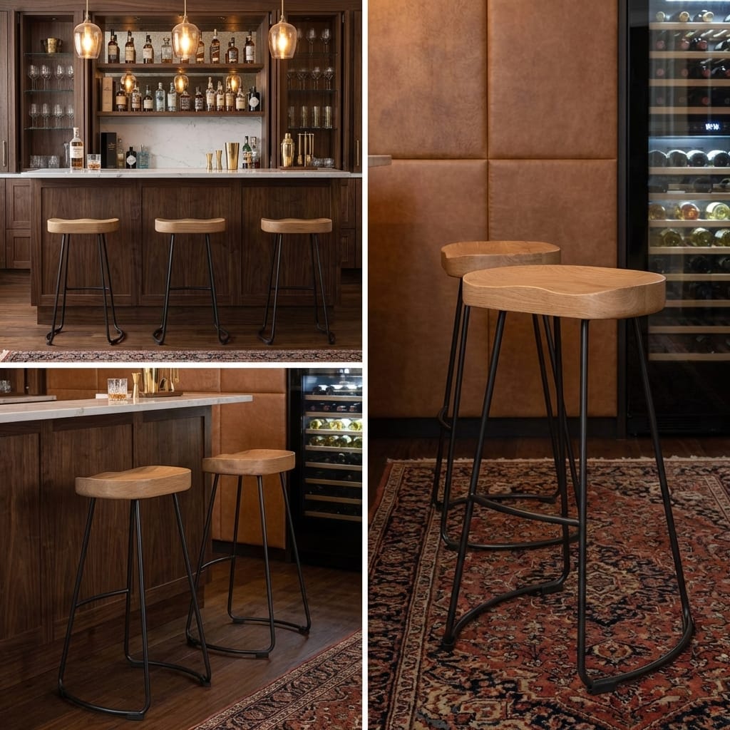 Bar Stools Laselle Ash Wood and Black Metal Bar Stool